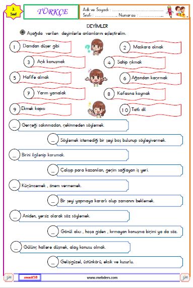 3. Sınıf Türkçe Deyimler Etkinliği